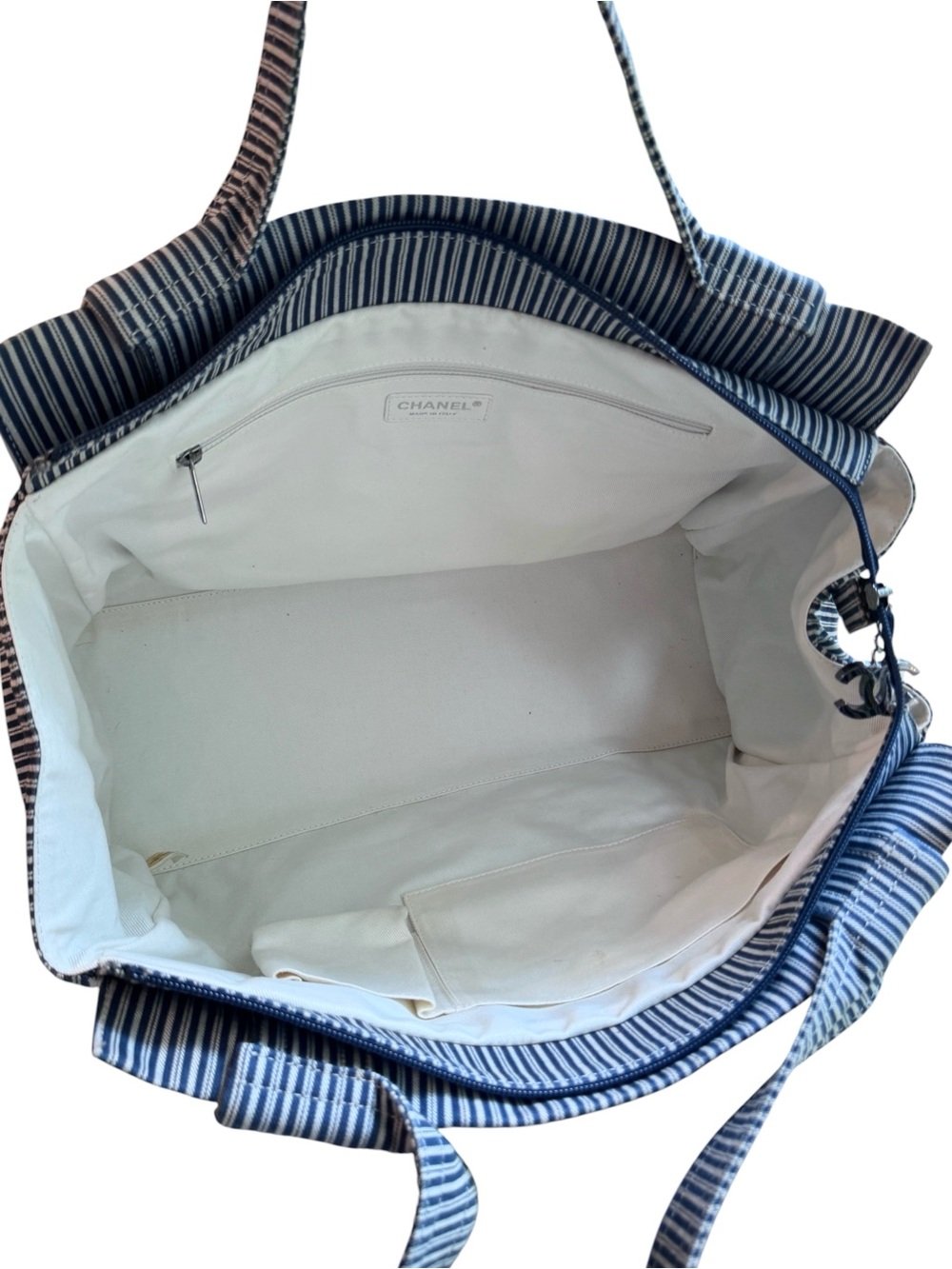 Chanel Striped Chambray Blue & Beige Canvas Tote - Picture 6 of 9